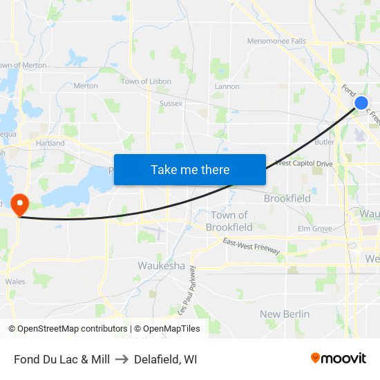 Fond Du Lac & Mill to Delafield, WI map