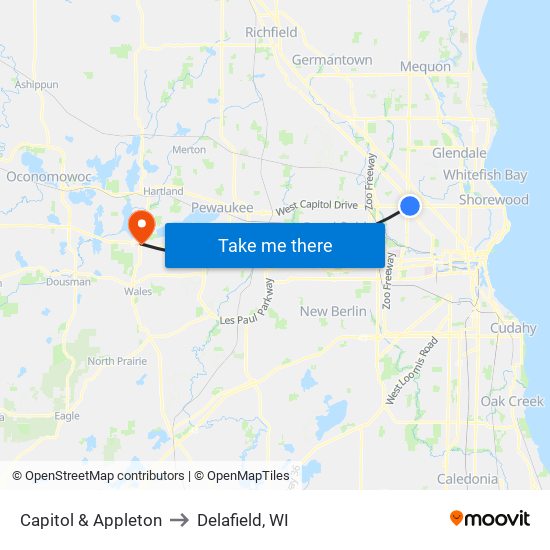 Capitol & Appleton to Delafield, WI map