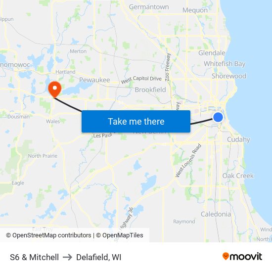 S6 & Mitchell to Delafield, WI map