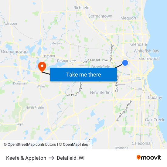 Keefe & Appleton to Delafield, WI map