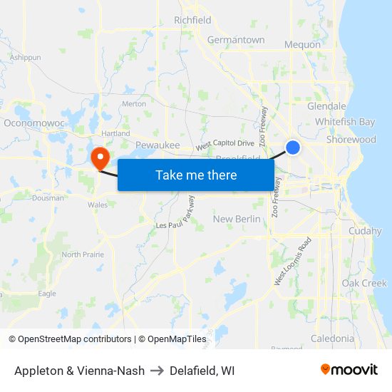 Appleton & Vienna-Nash to Delafield, WI map