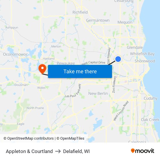Appleton & Courtland to Delafield, WI map