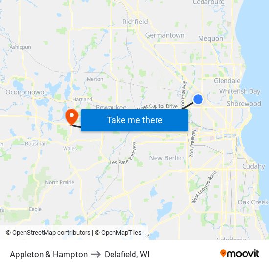 Appleton & Hampton to Delafield, WI map