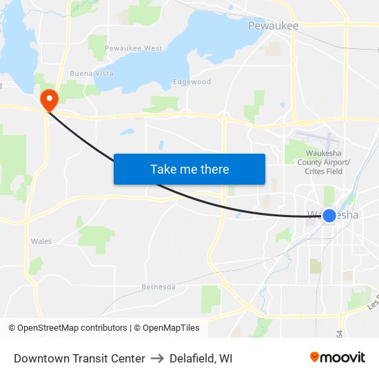 Downtown Transit Center to Delafield, WI map