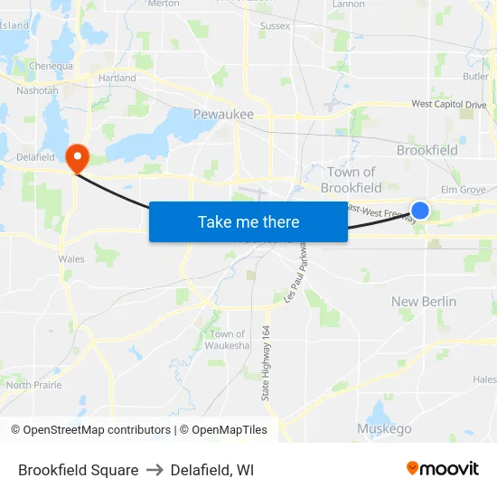 Brookfield Square to Delafield, WI map