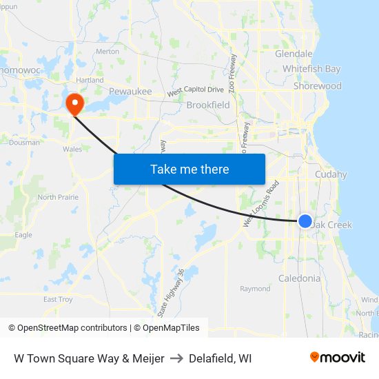 W Town Square Way & Meijer to Delafield, WI map