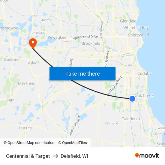 Centennial & Target to Delafield, WI map