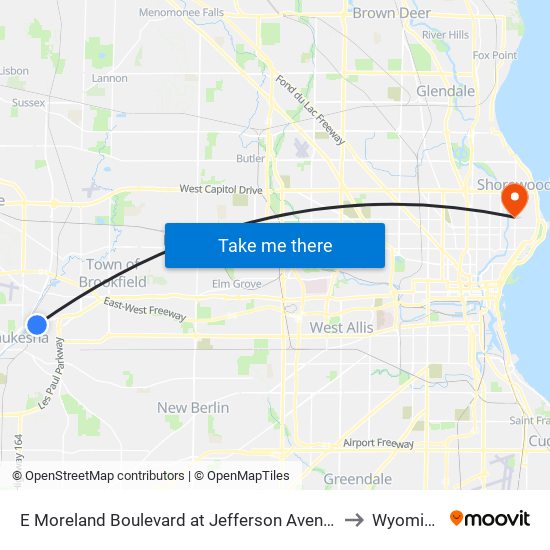 E Moreland Boulevard at Jefferson Avenue to Wyoming map