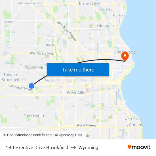 180 Exective Drive Brookfield to Wyoming map