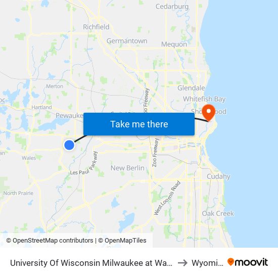 University Of Wisconsin Milwaukee at Waukesha to Wyoming map