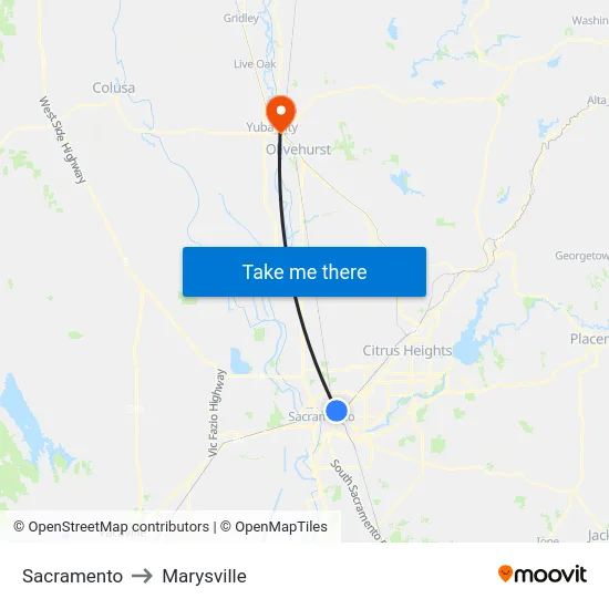 Sacramento to Marysville map