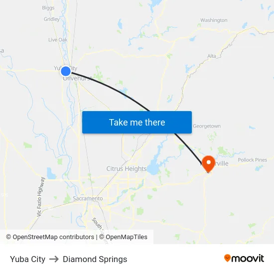 Yuba City to Diamond Springs map