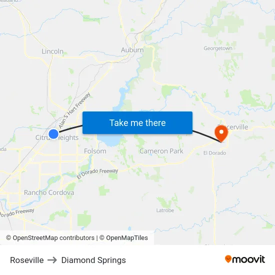 Roseville to Diamond Springs map