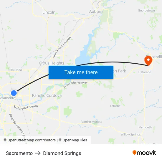 Sacramento to Diamond Springs map
