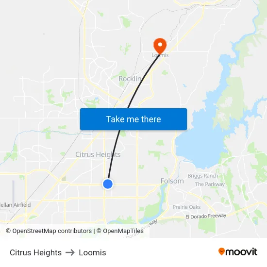 Citrus Heights to Loomis map