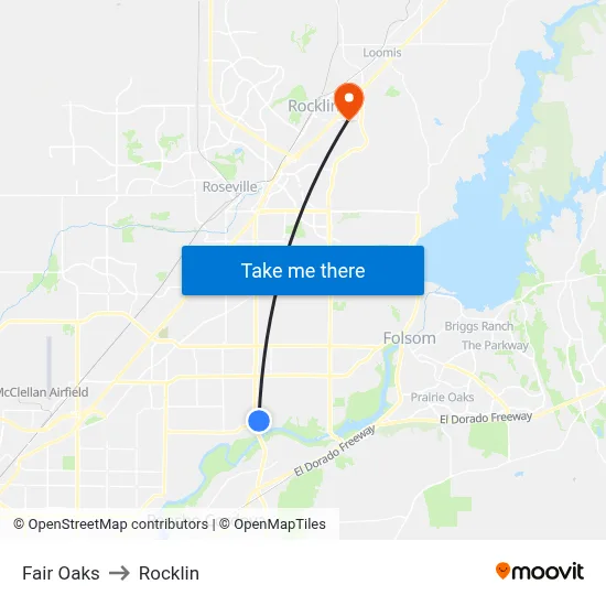 Fair Oaks to Rocklin map