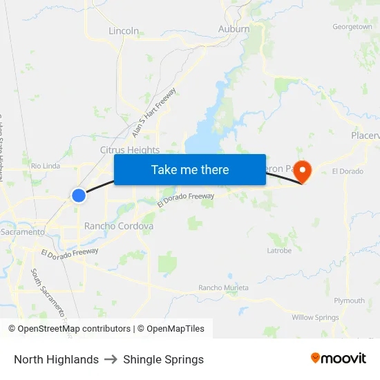 North Highlands to Shingle Springs map