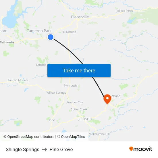 Shingle Springs to Pine Grove map