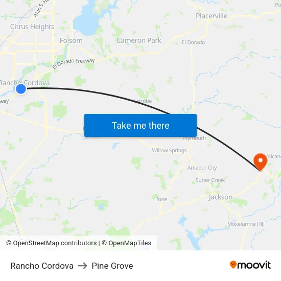 Rancho Cordova to Pine Grove map