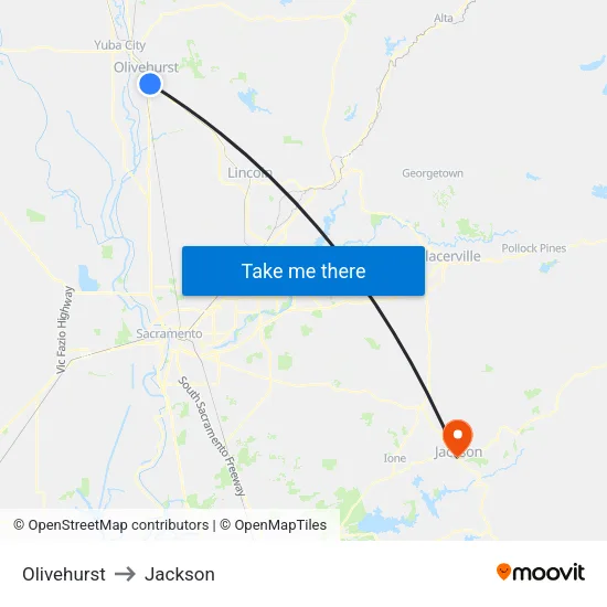 Olivehurst to Jackson map