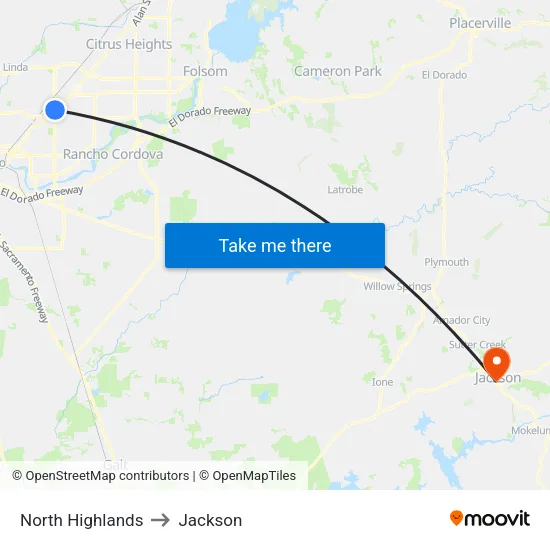 North Highlands to Jackson map