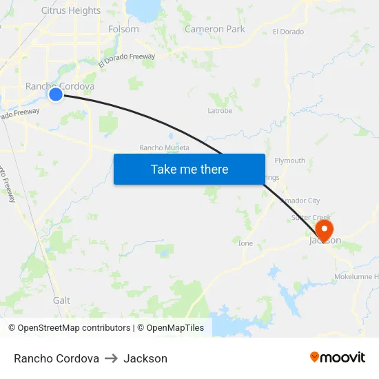 Rancho Cordova to Jackson map