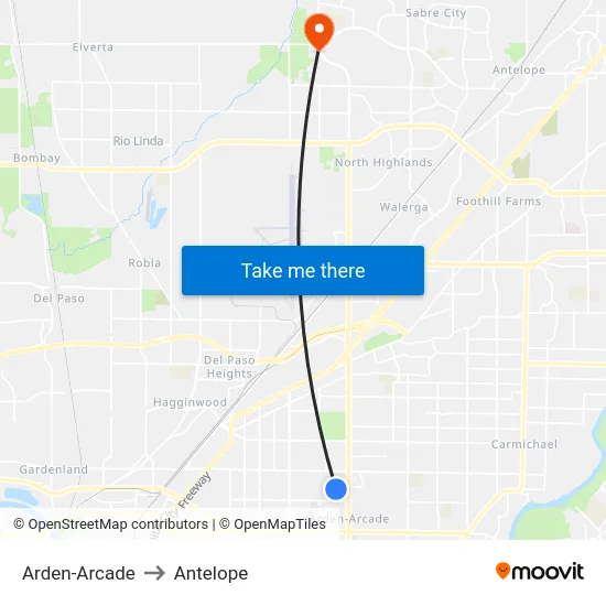 Arden-Arcade to Antelope map