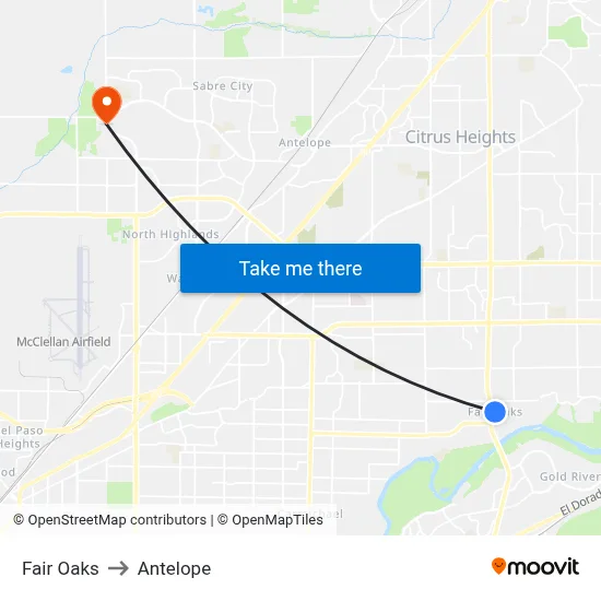 Fair Oaks to Antelope map
