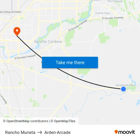 Rancho Murieta to Arden-Arcade map