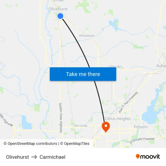 Olivehurst to Carmichael map