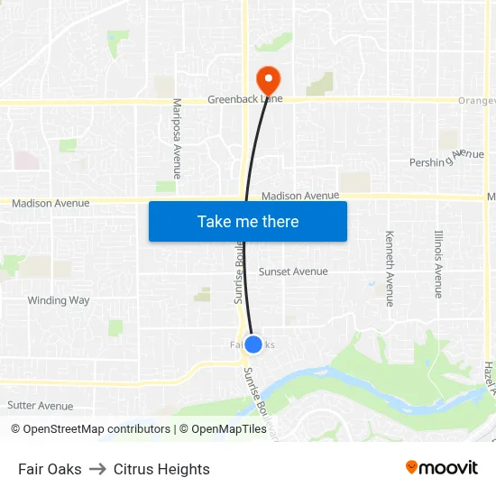 Fair Oaks to Citrus Heights map