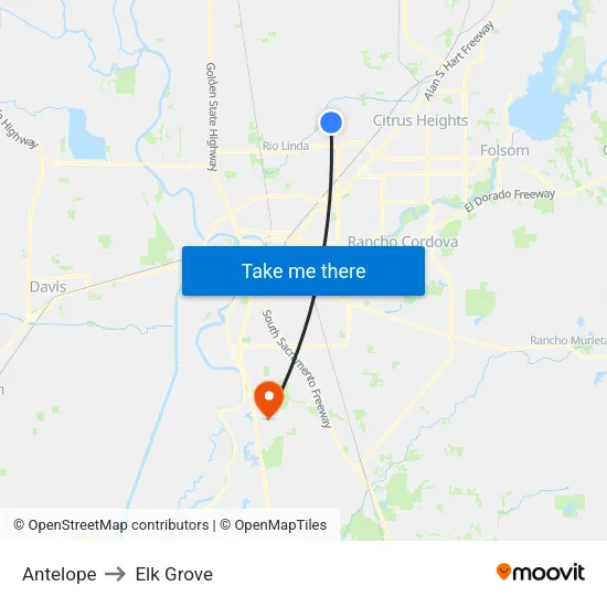 Antelope to Elk Grove map