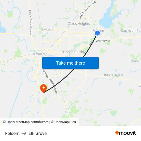Folsom to Elk Grove map