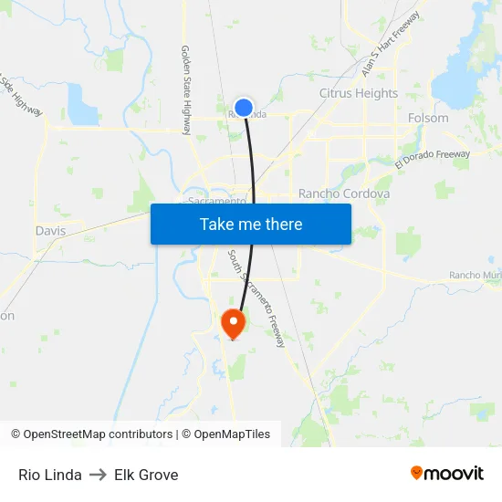 Rio Linda to Elk Grove map