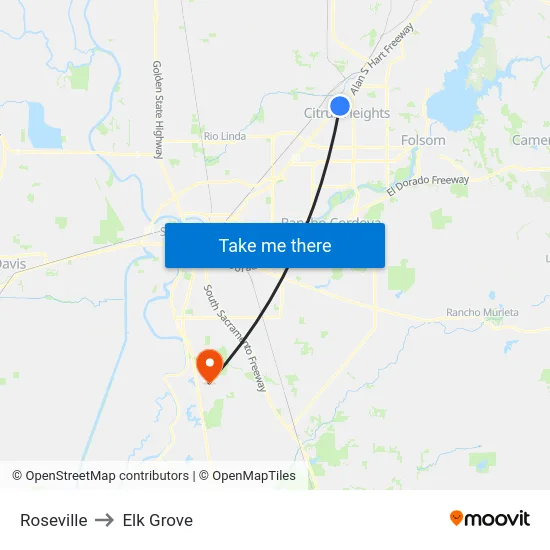 Roseville to Elk Grove map