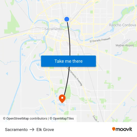 Sacramento to Elk Grove map