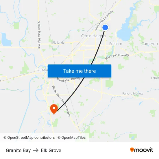 Granite Bay to Elk Grove map