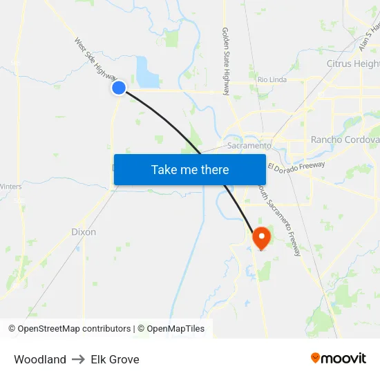 Woodland to Elk Grove map