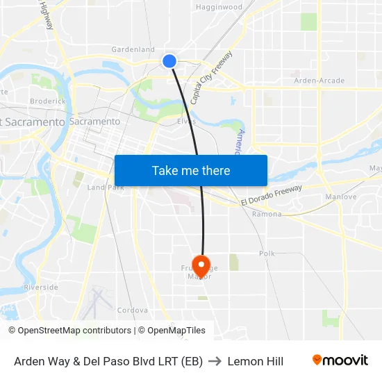Arden Way & Del Paso Blvd LRT (EB) to Lemon Hill map