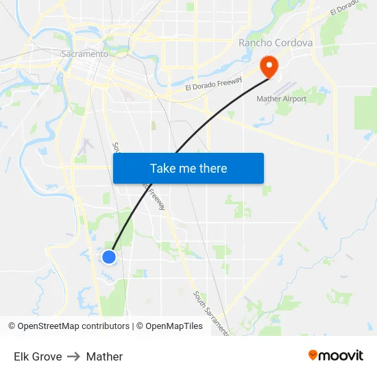 Elk Grove to Mather map