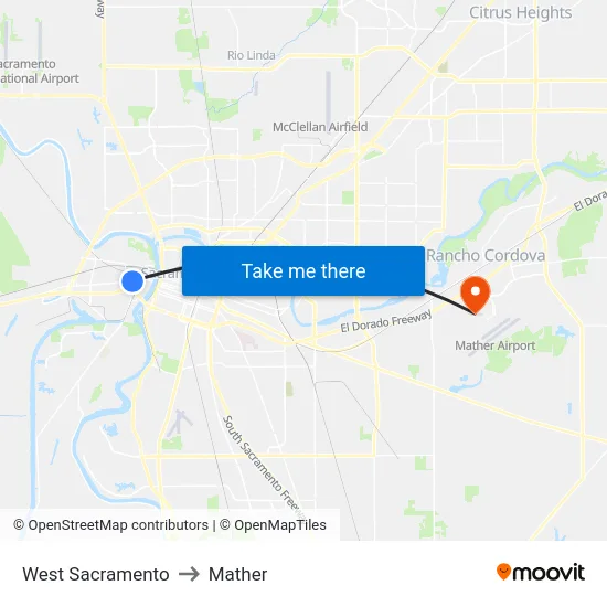 West Sacramento to Mather map