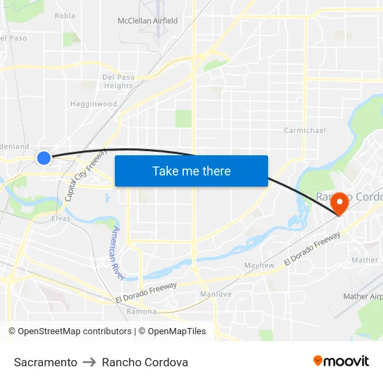 Sacramento to Rancho Cordova map