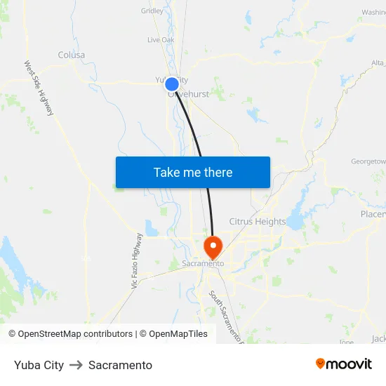 Yuba City to Sacramento map