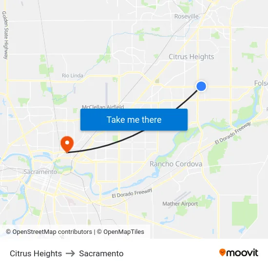 Citrus Heights to Sacramento map