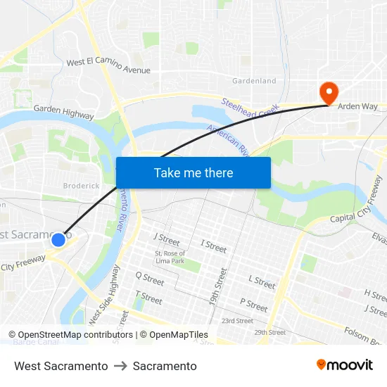 West Sacramento to Sacramento map