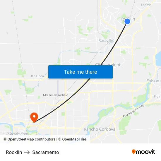 Rocklin to Sacramento map