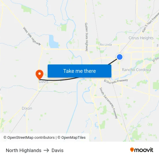 North Highlands to Davis map
