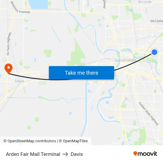 Arden Fair Mall Terminal to Davis map