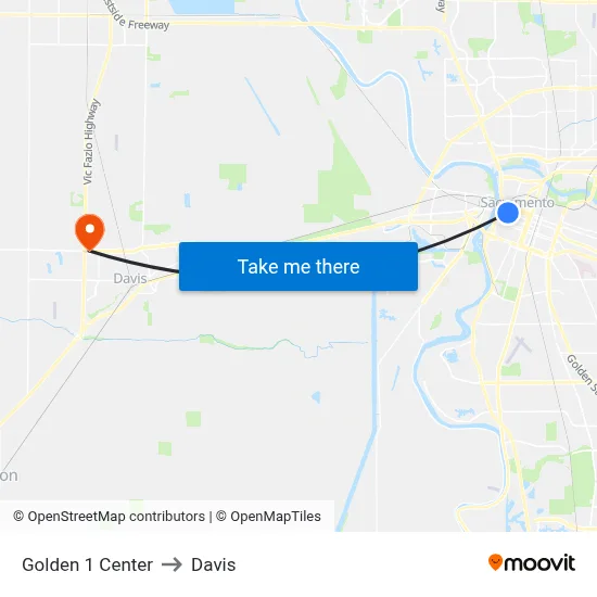 Golden 1 Center to Davis map