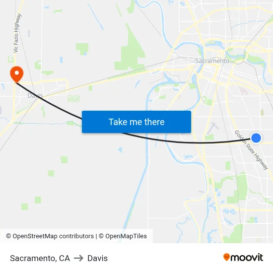 Sacramento, CA to Davis map